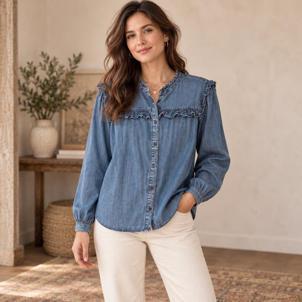 C&A Chambray Ruffle Blue Button Up Long Sleeve Top Women’s XL Fall Preppy